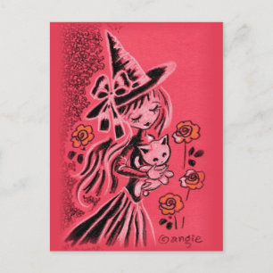 Postal Bruja de Halloween adorable con gatito