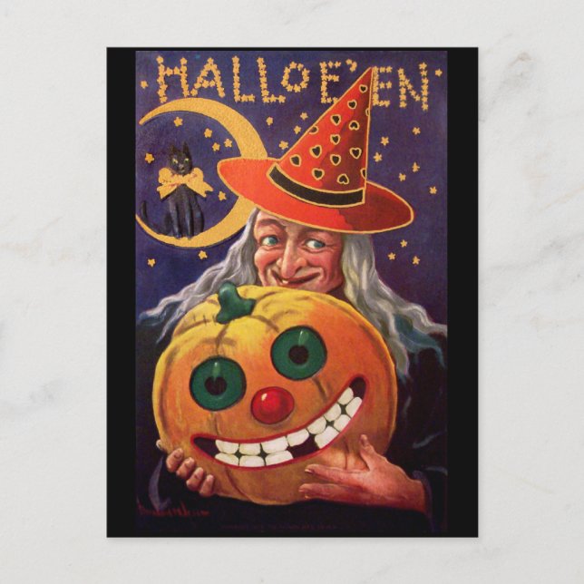 Postal Bruja de Halloween con calabaza divertida (Anverso)