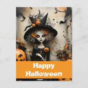 Postal Bruja de Halloween con calabazas