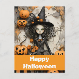 Postal bruja de Halloween con calabazas