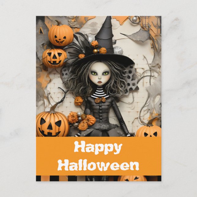 Postal Bruja de Halloween con calabazas (Anverso)