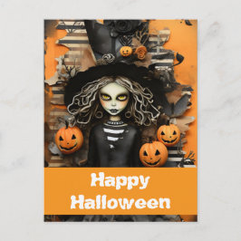 Postal Bruja de Halloween con calabazas