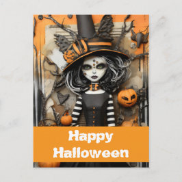 Postal bruja de Halloween con calabazas
