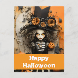 Postal bruja de Halloween con calabazas