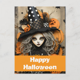 Postal Bruja de Halloween con calabazas