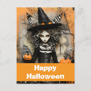 Postal Bruja de Halloween con calabazas