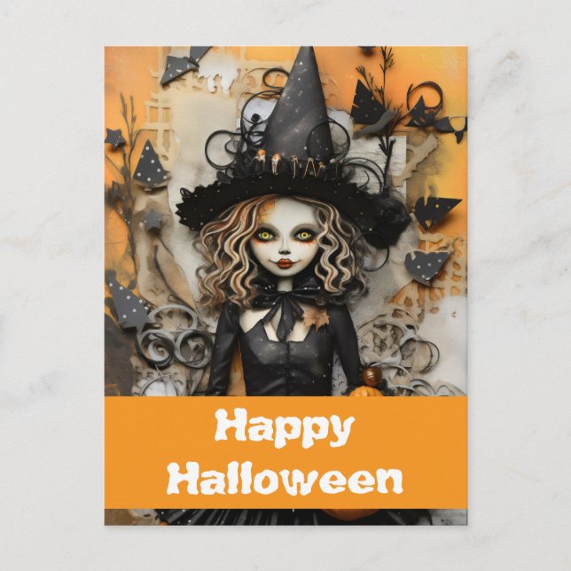 Postal Bruja de Halloween con calabazas (Anverso)