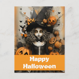 Postal bruja de Halloween con calabazas
