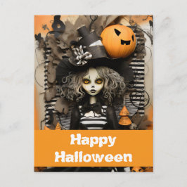 Postal bruja de Halloween con calabazas