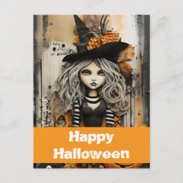 Postal bruja de Halloween con calabazas