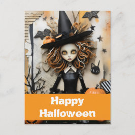 Postal bruja de Halloween con calabazas