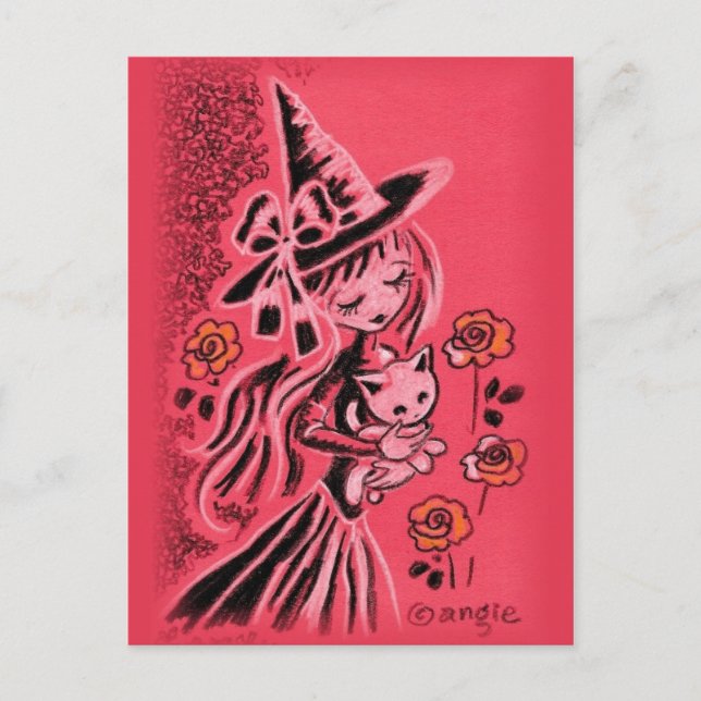 Postal Bruja De Halloween Con Gatito (Anverso)