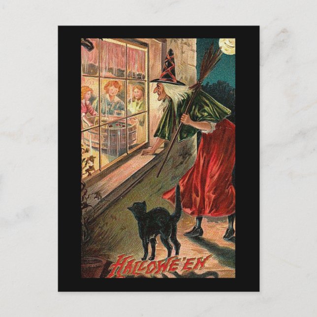 Postal Bruja de Halloween con gato (Anverso)