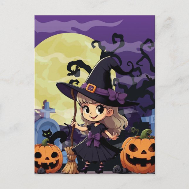 Postal Bruja de Halloween de Anime Bonito (Anverso)