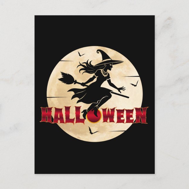 Postal Bruja de Halloween en Escoba (Anverso)