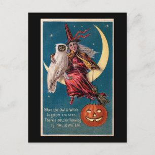 Postal Bruja de Halloween en la luna con lechuza