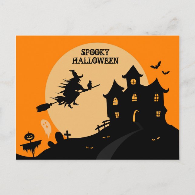 Postal Bruja de Halloween en una escoba (Anverso)