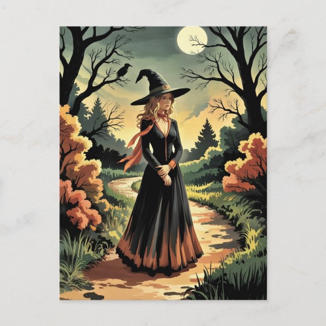 Postal Bruja de Halloween espeluznante y trendy bosque cr (Anverso)
