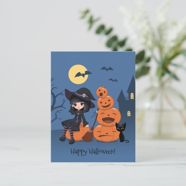 Postal Bruja de Halloween, gato negro y calabazas (Anverso de pie)