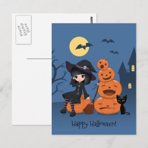 Postal Bruja de Halloween, gato negro y calabazas