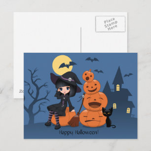 Postal Bruja de Halloween, gato negro y calabazas