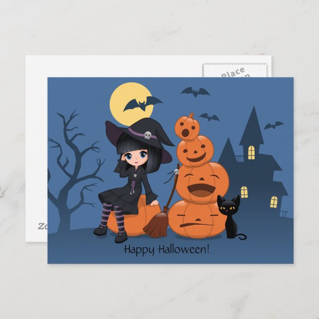 Postal Bruja de Halloween, gato negro y calabazas (Anverso / Reverso)