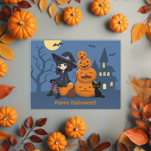 Postal Bruja de Halloween, gato negro y calabazas