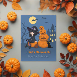 Postal Bruja de Halloween, gato negro y calabazas