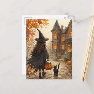 Postal Bruja de Halloween linda y gato negro