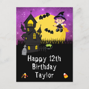 Postal Bruja de Halloween Morado Feliz Cumpleaños
