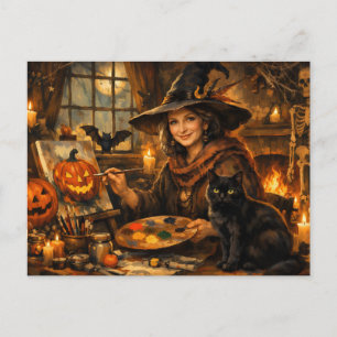 Postal Bruja de Halloween pintando calabaza 