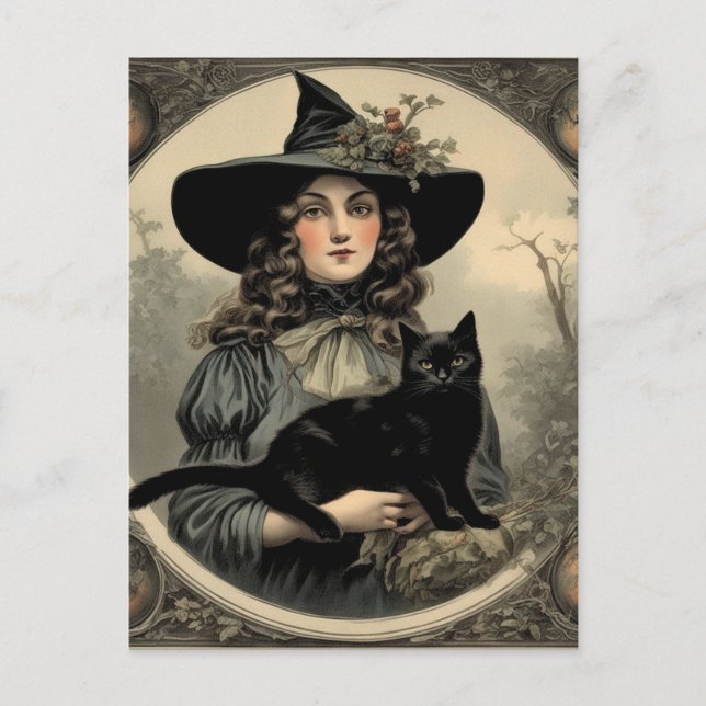 Postal Bruja de Halloween retro y gato negro (Anverso)