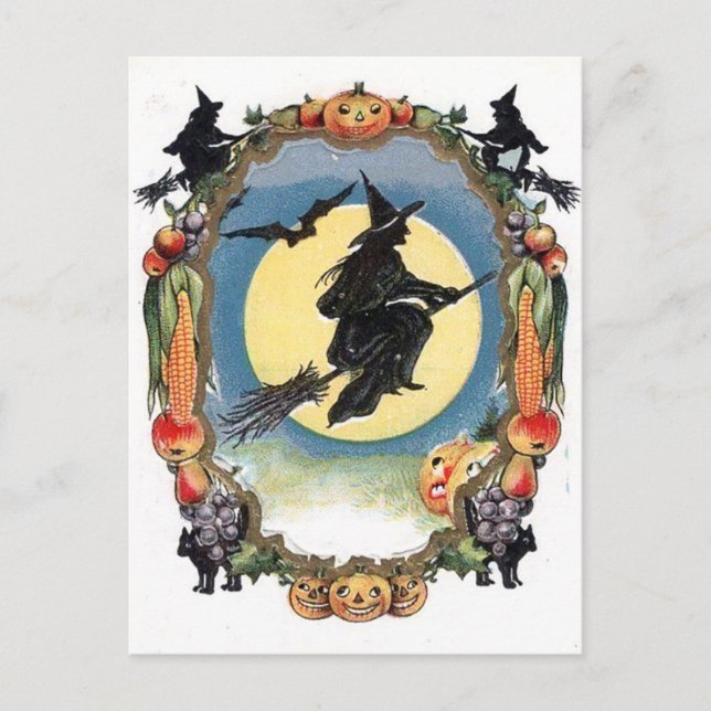 Postal Bruja de Halloween sobre la luna (Anverso)