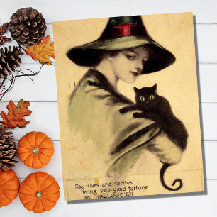Postal Bruja de Halloween vintage con gato negro