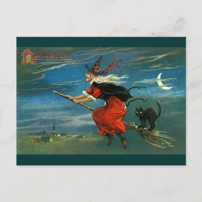Postal Bruja de Halloween volando con gato (Anverso)