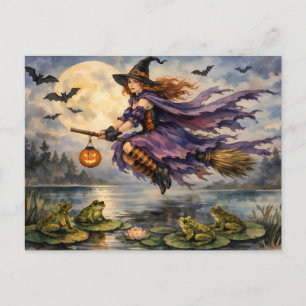 Postal Bruja de Halloween volando sobre el estanque con r