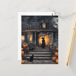 Postal Bruja de Halloween y casa embrujada