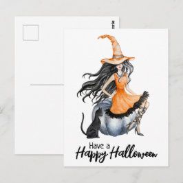 Postal Bruja de Halloween y gato negro