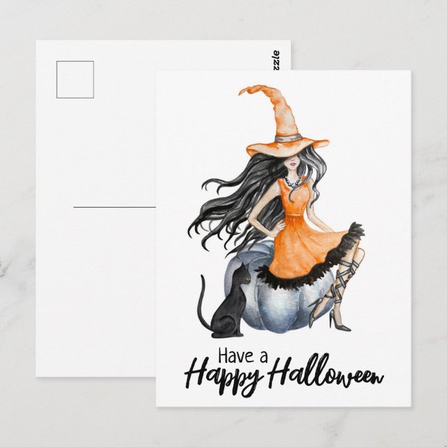 Postal Bruja de Halloween y gato negro (Anverso / Reverso)