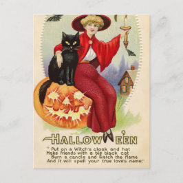 Postal Bruja de Halloween y gato negro