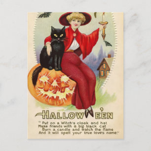 Postal Bruja de Halloween y gato negro