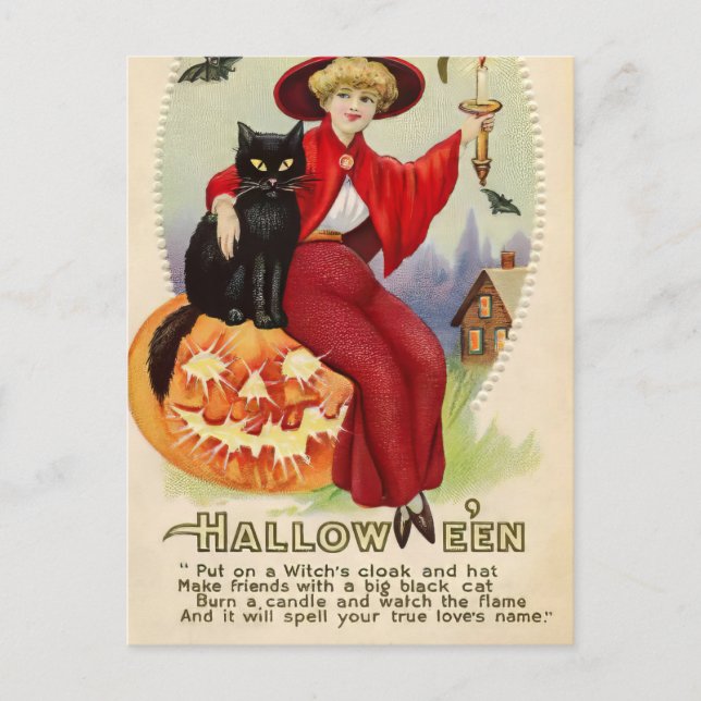 Postal Bruja de Halloween y gato negro (Anverso)