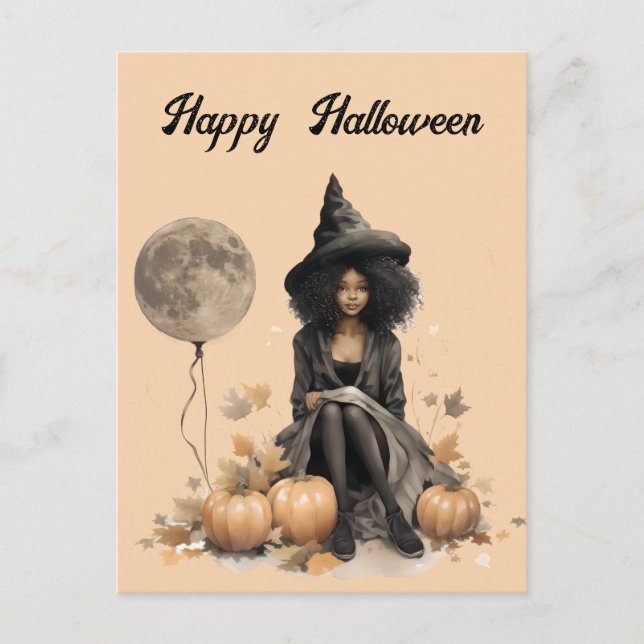 Postal Bruja de Halloween y globo lunar completo (Anverso)