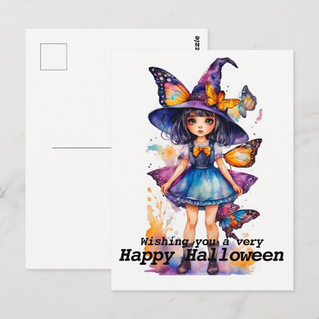 Postal Bruja de Halloween y Mariposas Lindas (Anverso / Reverso)