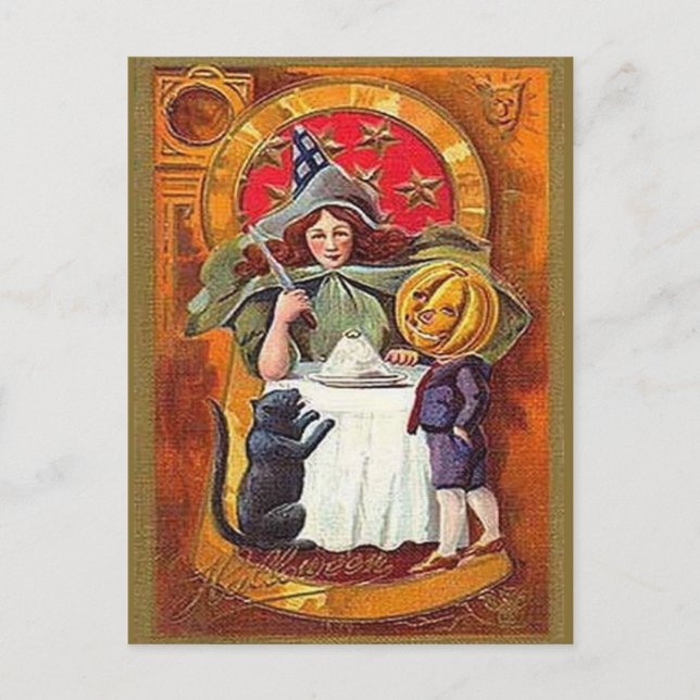 Postal Bruja de Halloween y niño cabeza de calabaza (Anverso)