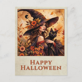 Postal Bruja de Otoño Gato Negro Arte Feliz Halloween