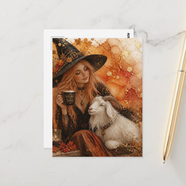 Postal Bruja de Otoño Preciosa y una Cabra Blanca (Anverso/Reverso In Situ)
