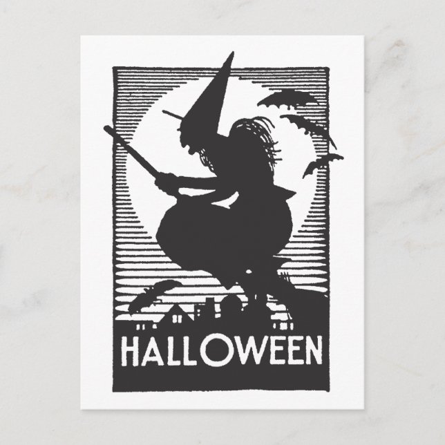 Postal Bruja de Woodcut Halloween (Anverso)