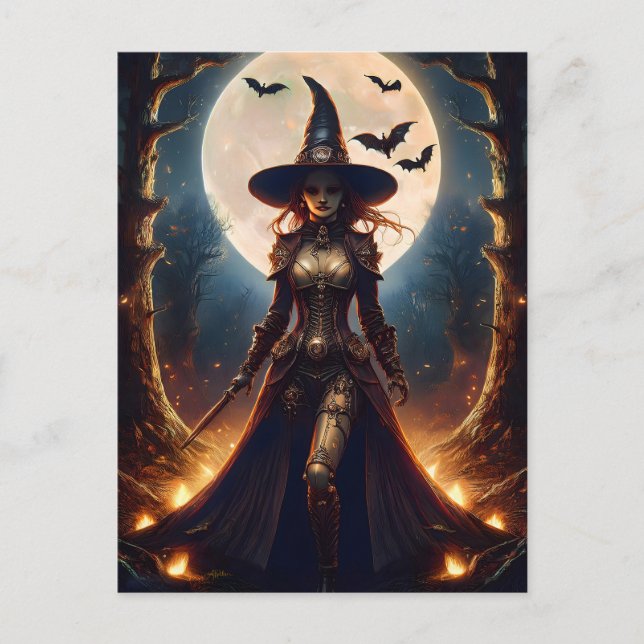 Postal Bruja del bosque steampunk de Halloween (Anverso)