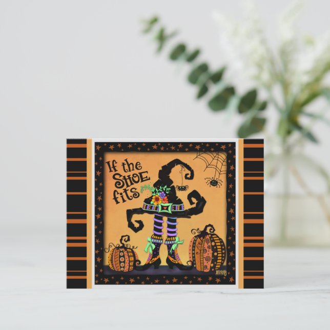 Postal Bruja Divertida Zapato Ajusta Cita Halloween (Anverso de pie)